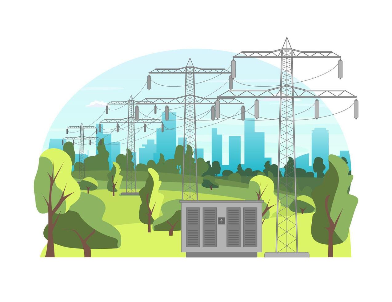 Cartoon Color Electricity Power Transmission Line Towers Landscape Scene Concept Flat Design Style vector