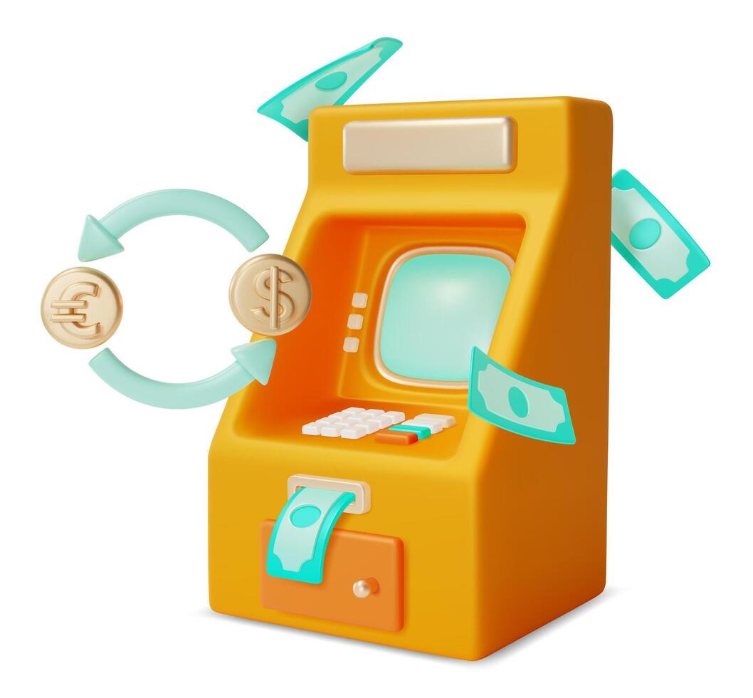 3d Financial and Banking Services Concept Atm and Currency Exchange Cartoon Design Style. vector