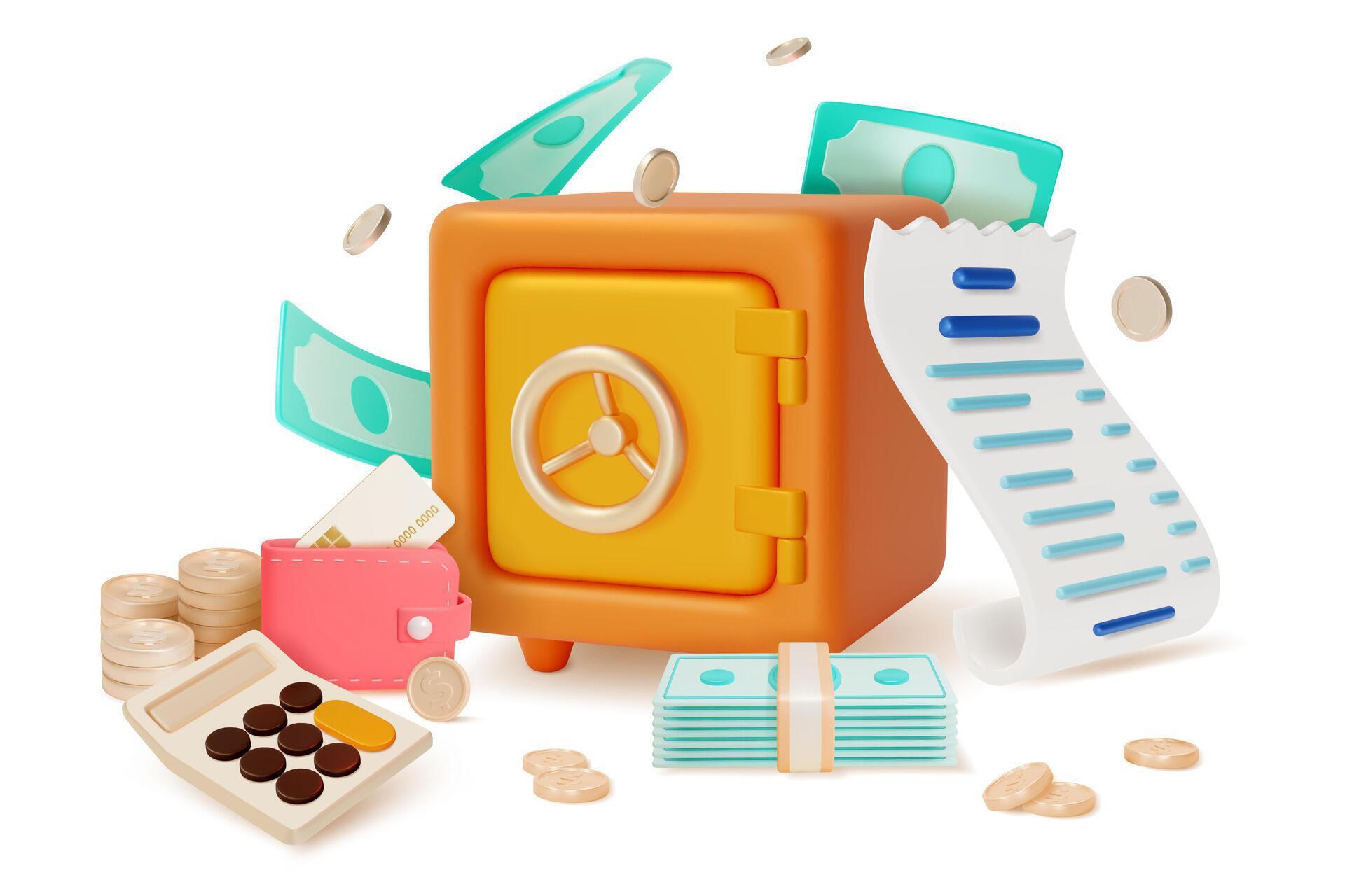 3d Financial and Banking Services Stored Money Concept Cartoon Design