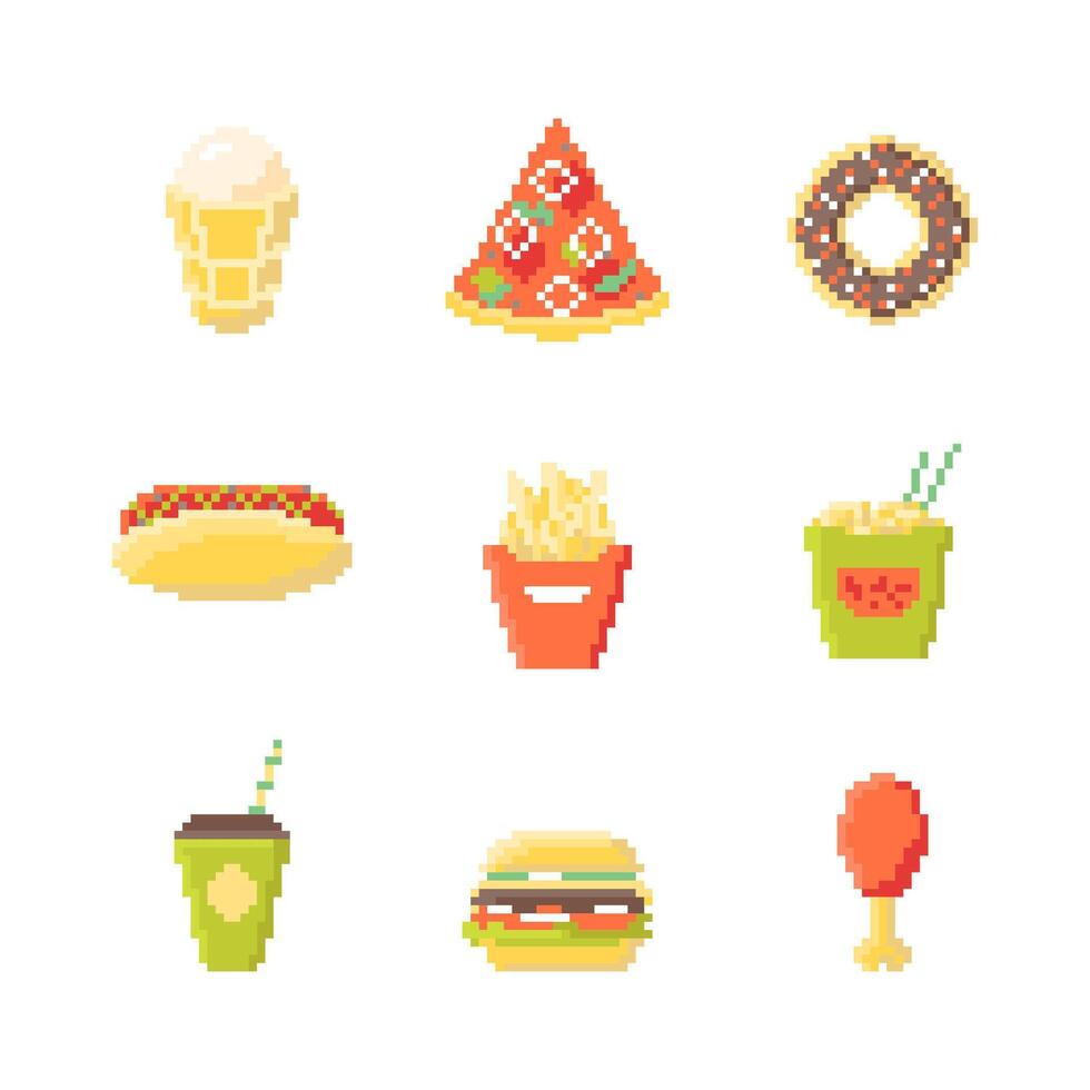 Cartoon Color Pixel Art Fast Food Icon Set Concept Flat Design Style Include of Burger, Pizza, Donut, Chicken and Coffee vector