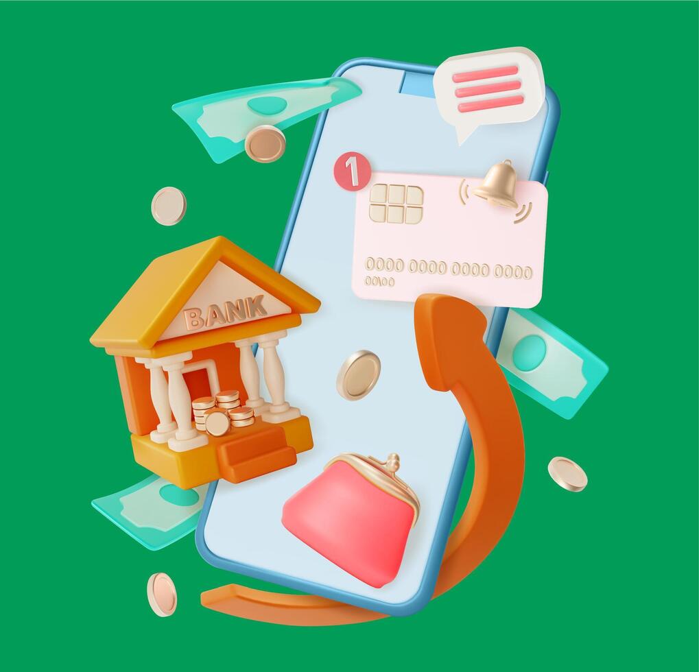 3d Online Banking Easy Payment Manage Finances Data Protection Concept Background Cartoon Design Style. vector