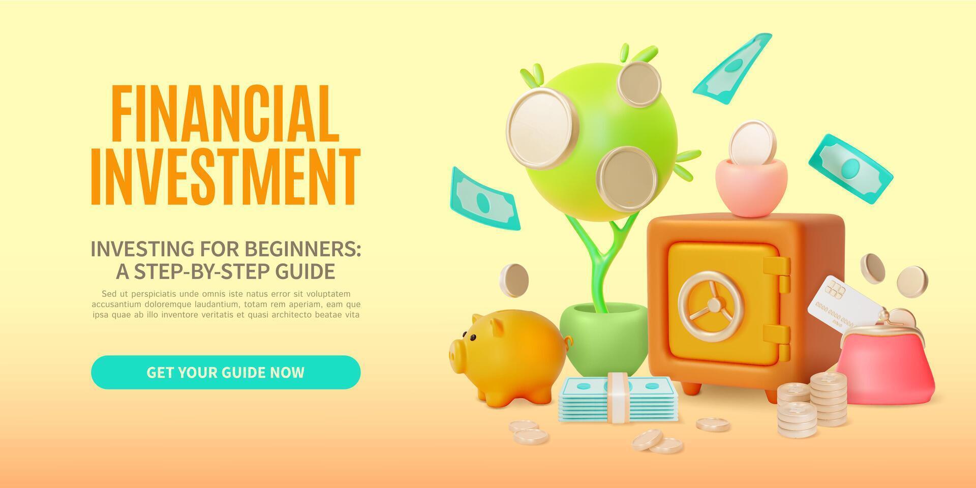 3d Financial Investment Investing for Beginners Guide Concept Ads Banner Poster Card. vector