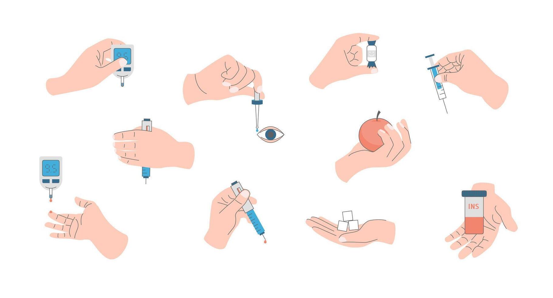 Cartoon Color Different Hand Gestures and Diabetes Devices Set Concept Flat Design Style vector
