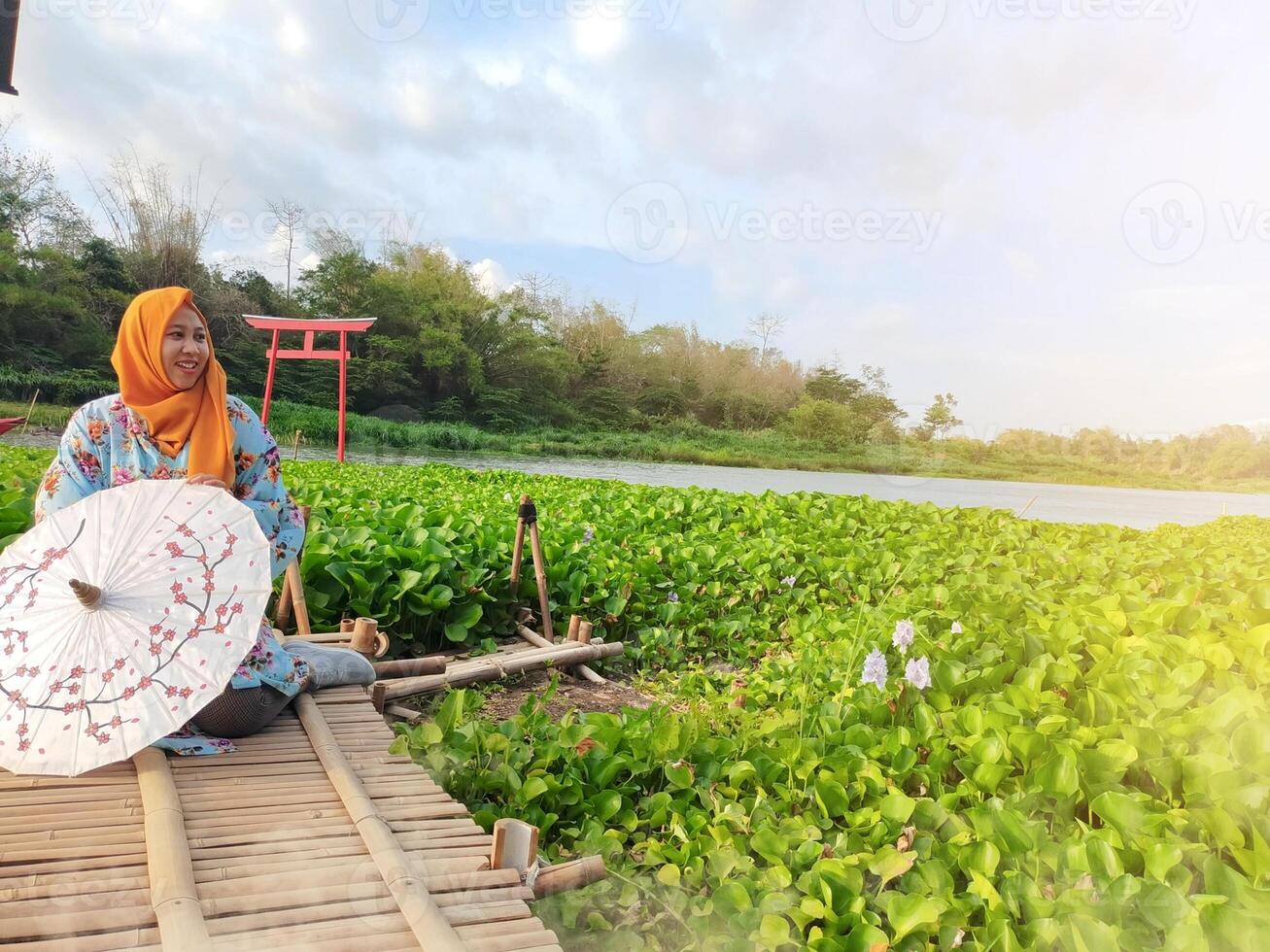Charming Japanese woman wearing a kimono and holding an umbrella amidst stunning nature, captured at sunset photo