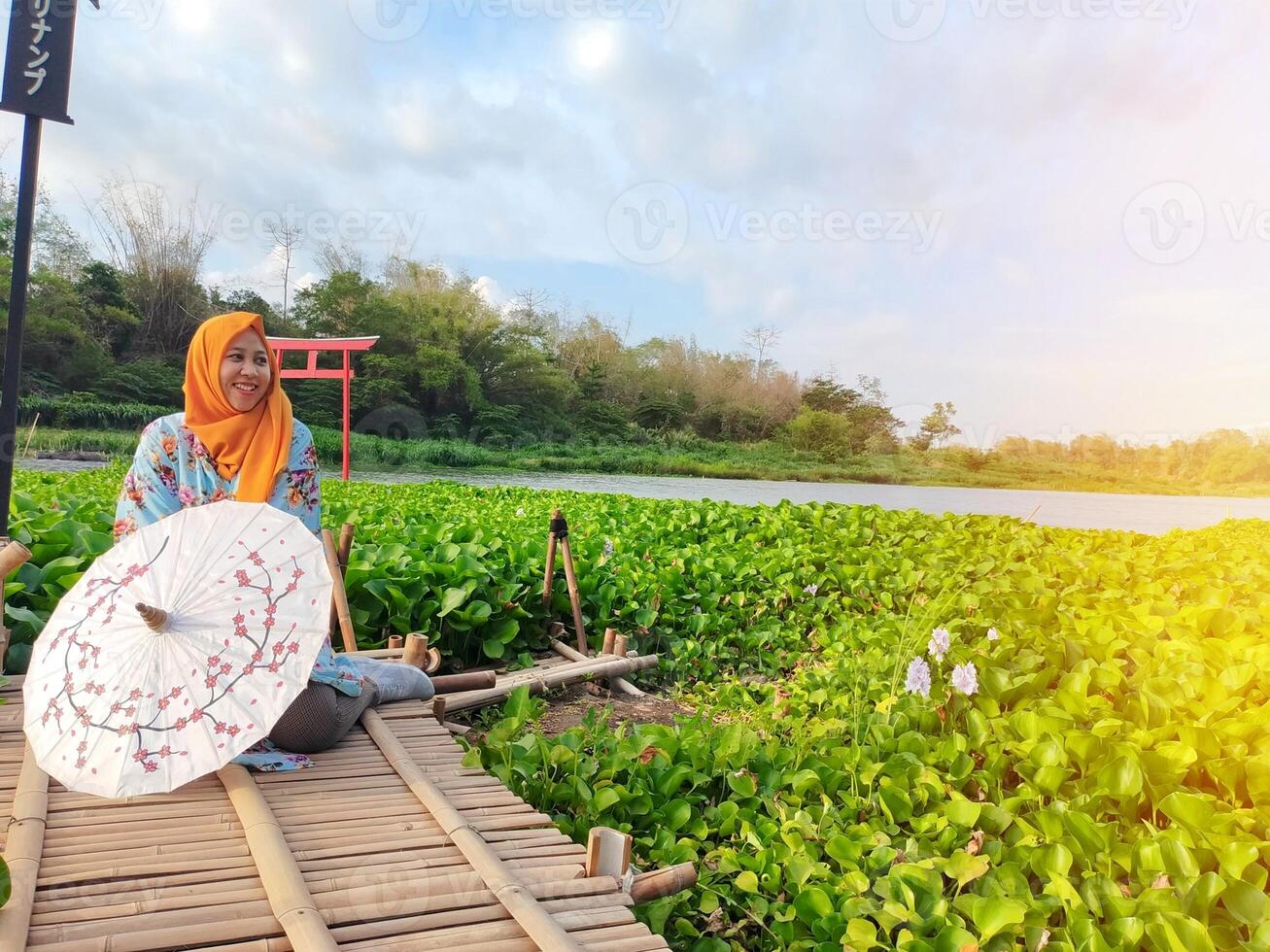 Charming Japanese woman wearing a kimono and holding an umbrella amidst stunning nature, captured at sunset photo