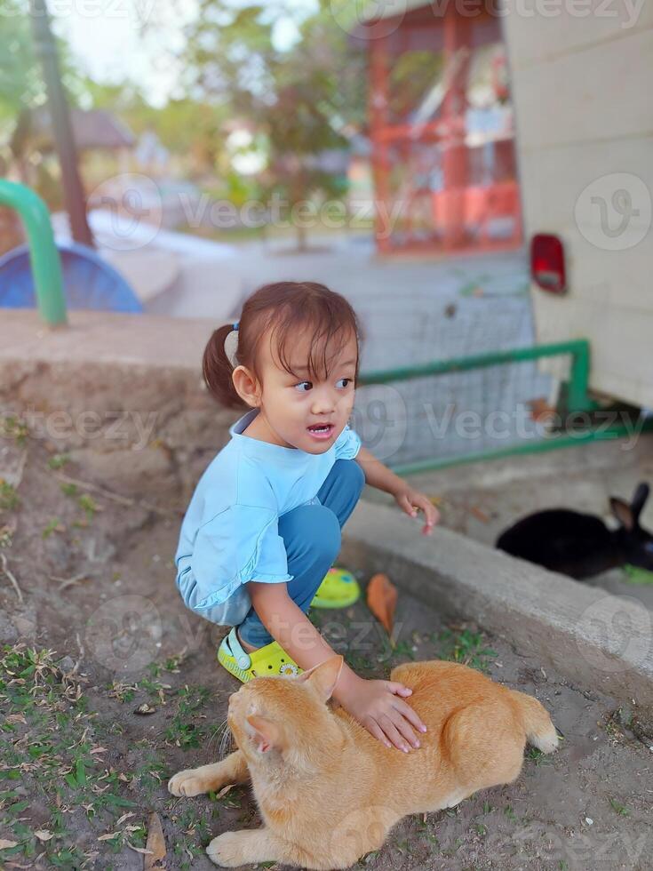 Children actively play and feed the animals, together with their parents in the mini zoo in the park area, enjoying the holiday period, doing positive activities and having fun on Sundays photo