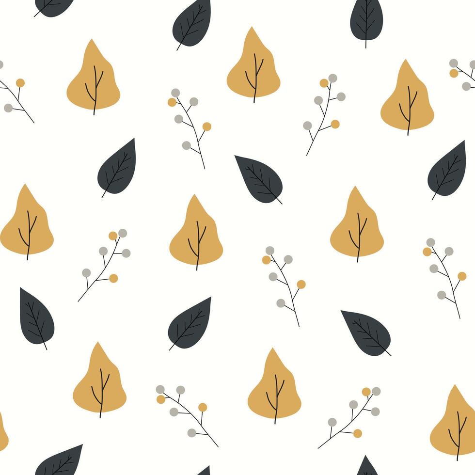 Seamless flower pattern design . Autumn seamless pattern with different leaves and plants, with seasonal colors. vector