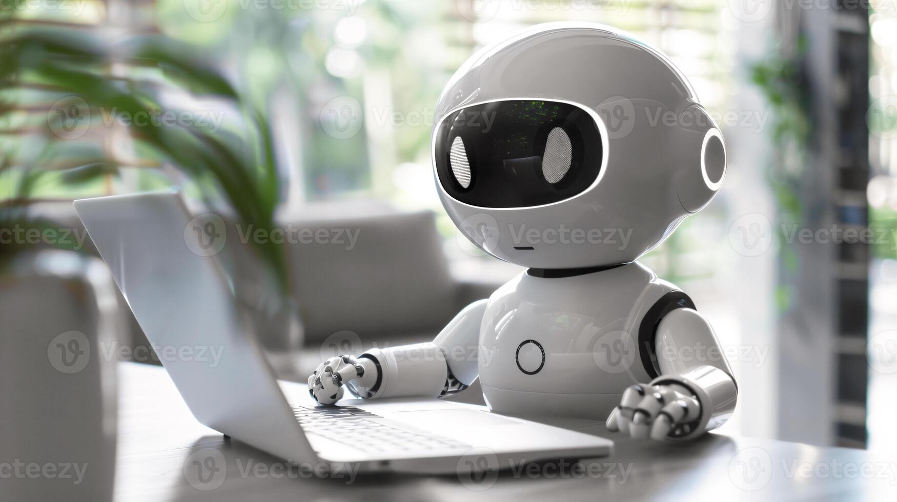 Cute AI chatbot robot sitting at desk and using laptop computer photo