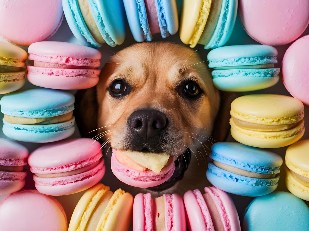 Charming Labrador surrounded by vibrant macarons in pastel shades. The playful scene captures the joy and whimsy of a beloved pet with colorful, sweet confections photo