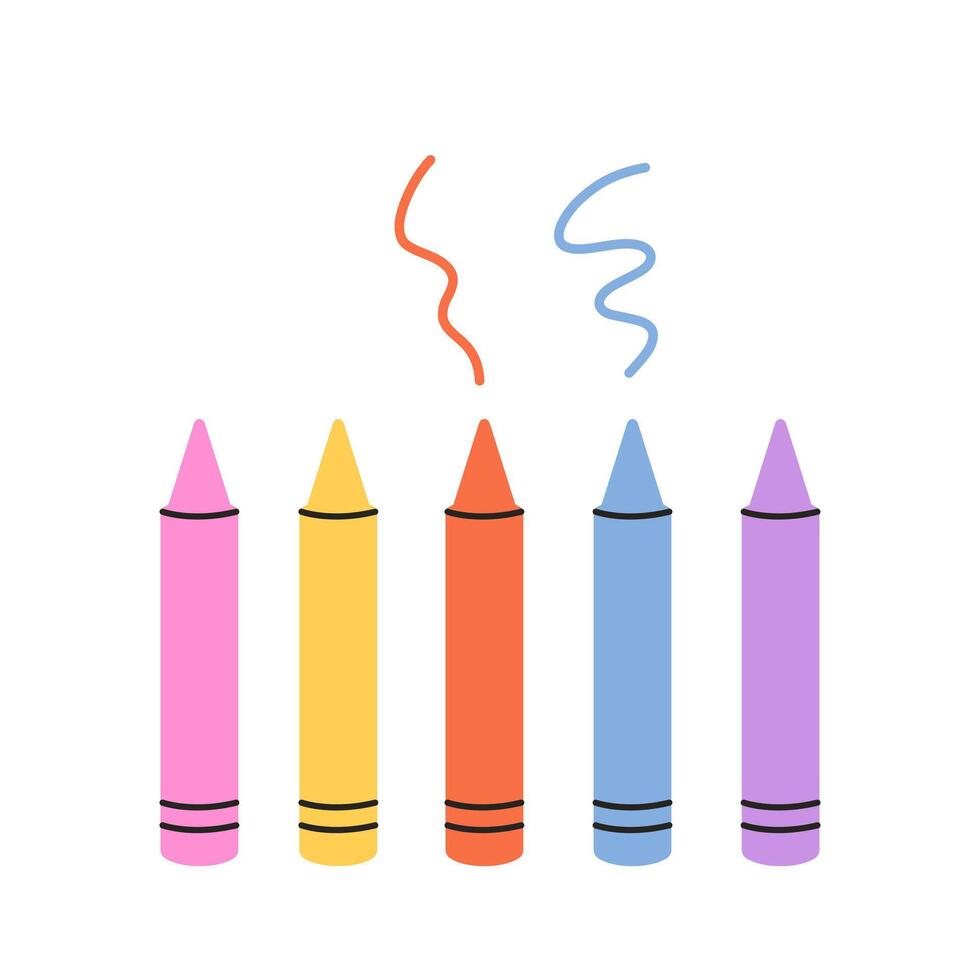Wax crayons. Colorful wax pencils collection. Art supplies, stationery. vector