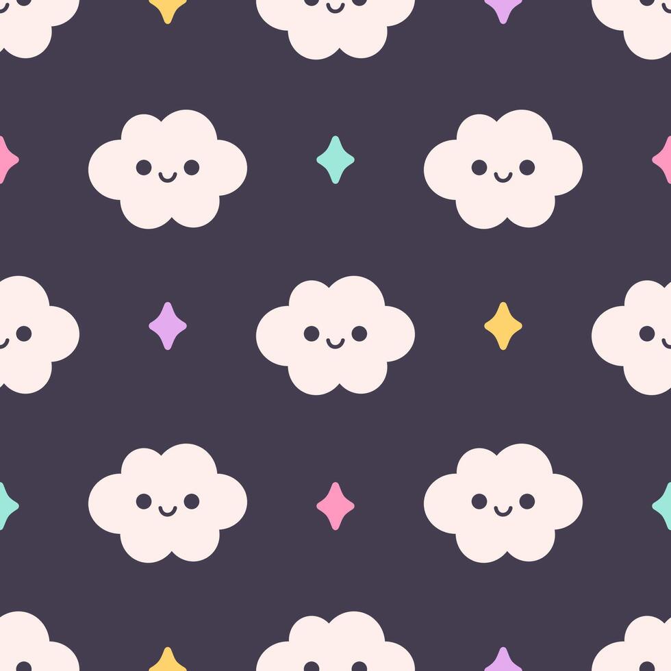 Seamless pattern with stars and cute cartoon cloud characters vector