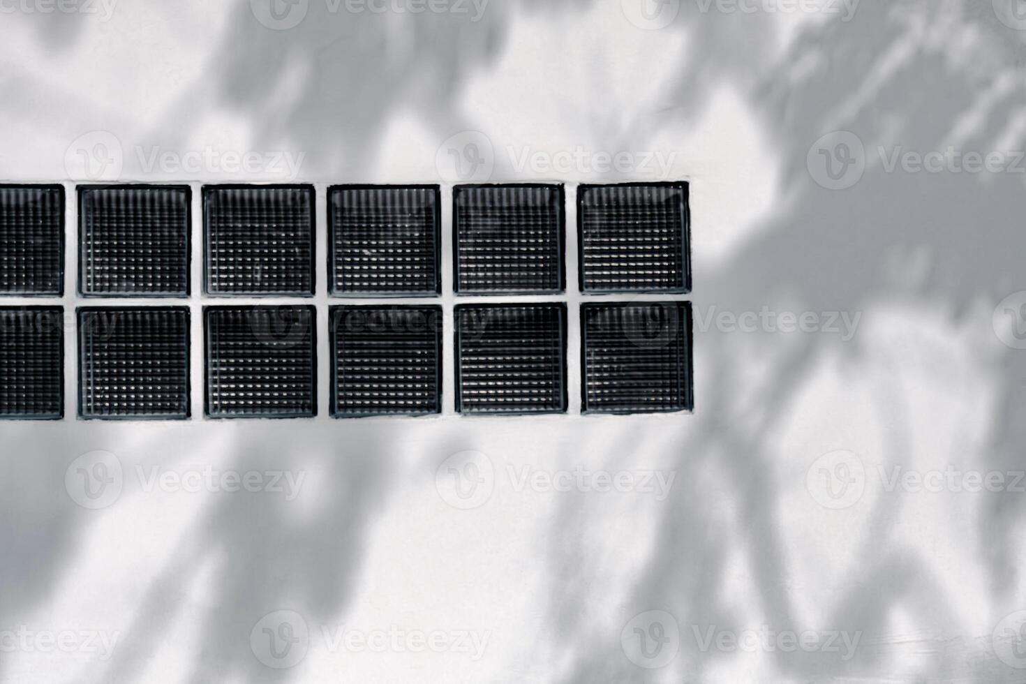 Empty white Cement wall with Clear block for light to pass through the wall texture Background with shadow leaves overlay Sunlight well free space for text presentation on Concrete Wall Background. photo