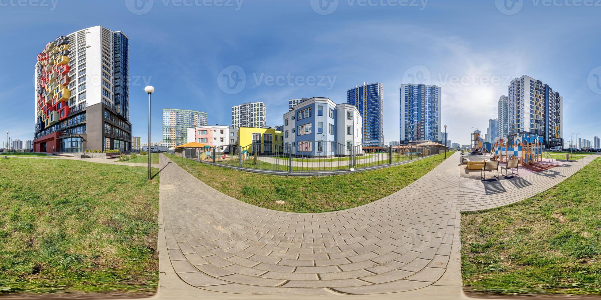 hdri 360 panorama near new with skyscrapers and residential complex in full equirectangular seamless spherical projection photo