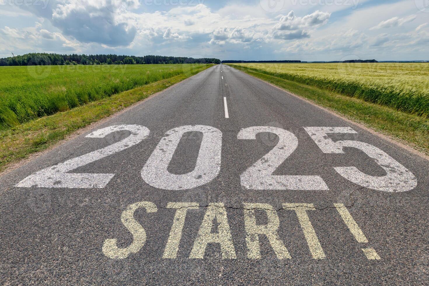 numbers 2024, 2025 on asphalt road highway. concept of destination in future, freedom, work start, run, planning, challenge, target, go, start, new year photo