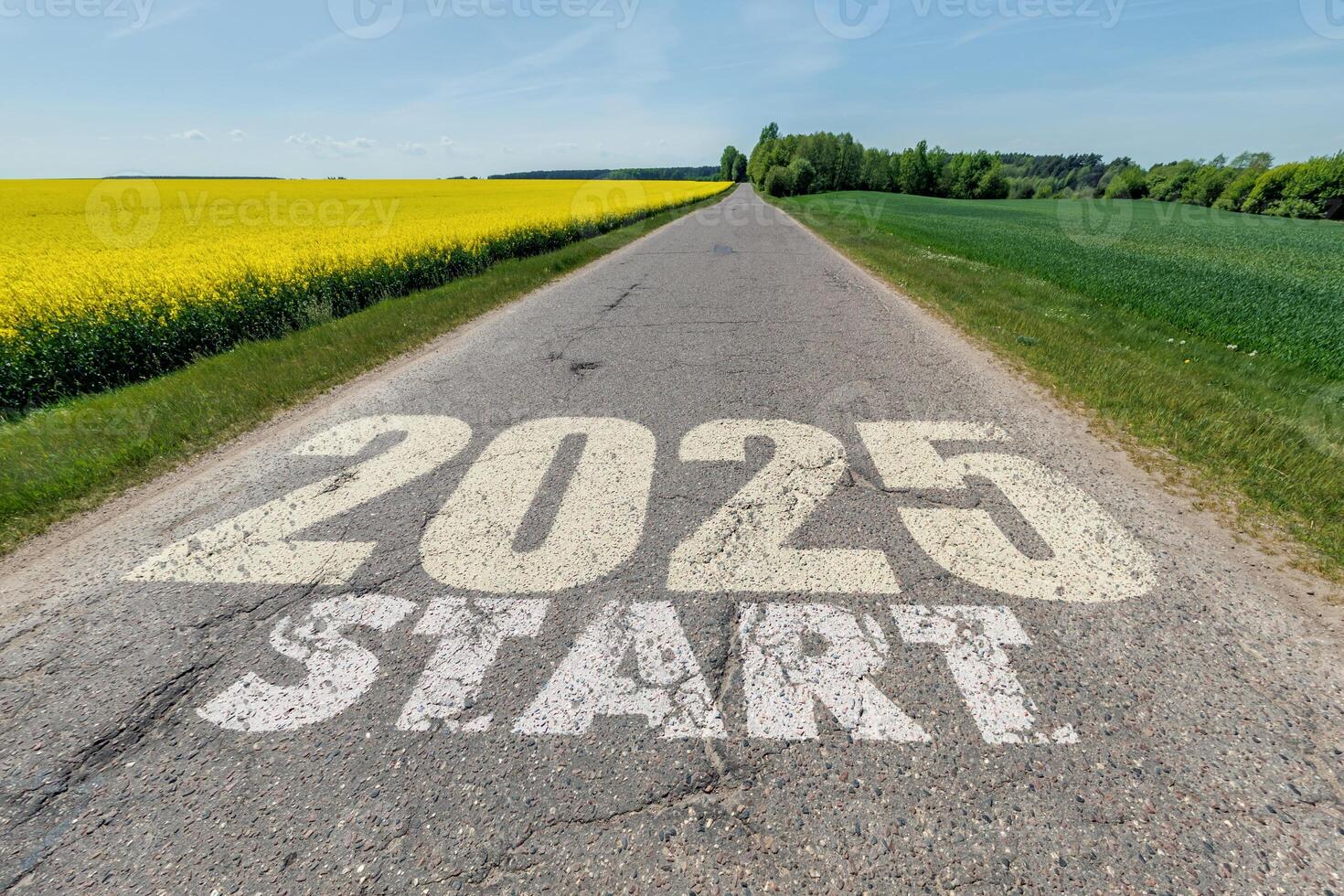 numbers 2024, 2025 on asphalt road highway. concept of destination in future, freedom, work start, run, planning, challenge, target, go, start, new year photo