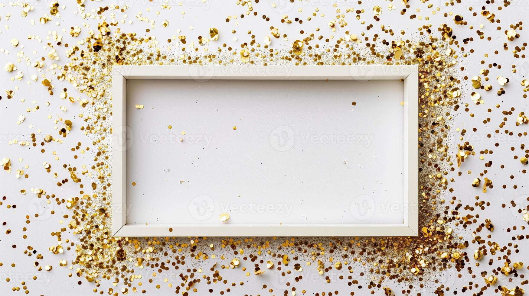 A white rectangular frame with gold glitter sprinkled on it with a simple background. photo