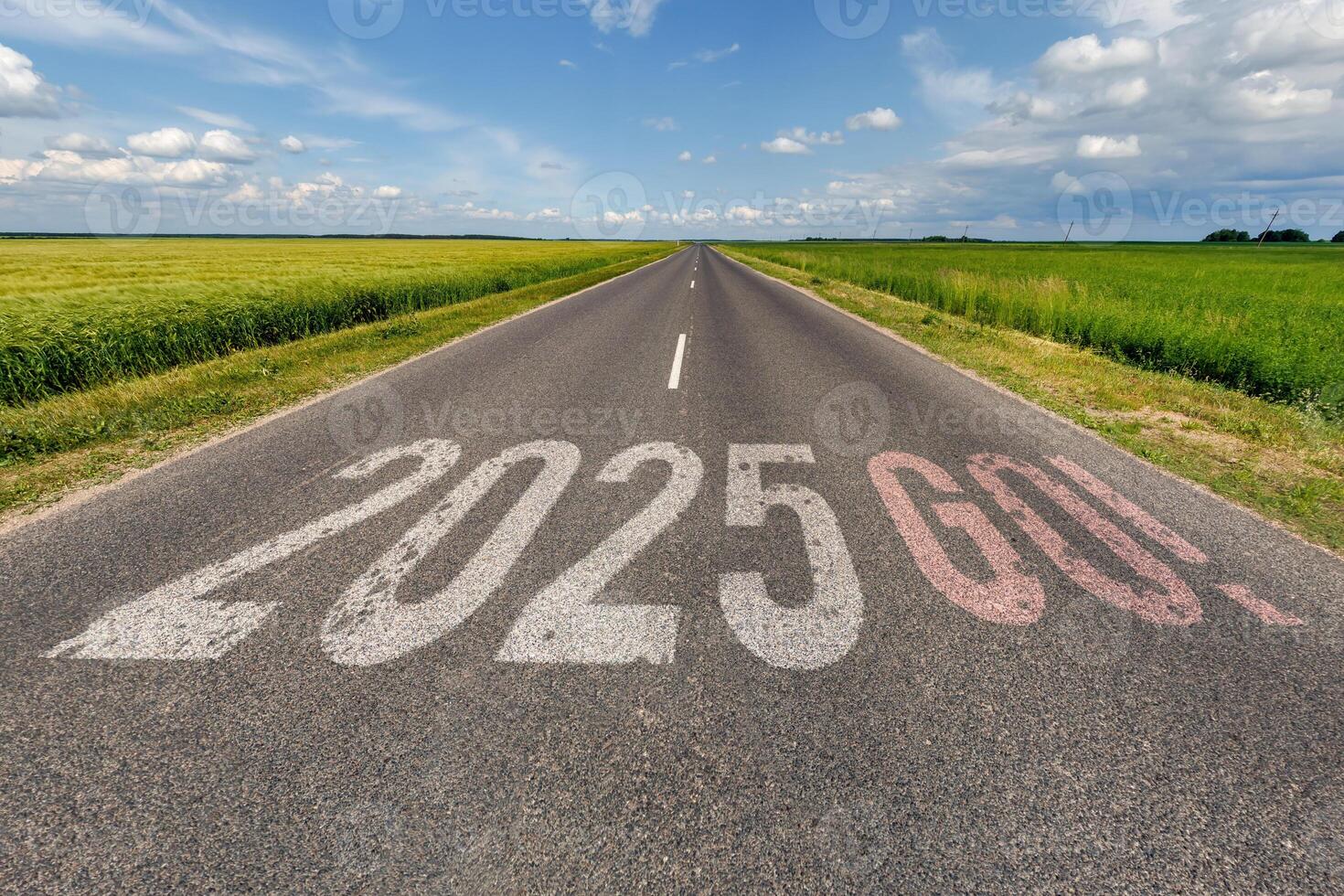numbers 2024, 2025 on asphalt road highway. concept of destination in future, freedom, work start, run, planning, challenge, target, go, start, new year photo