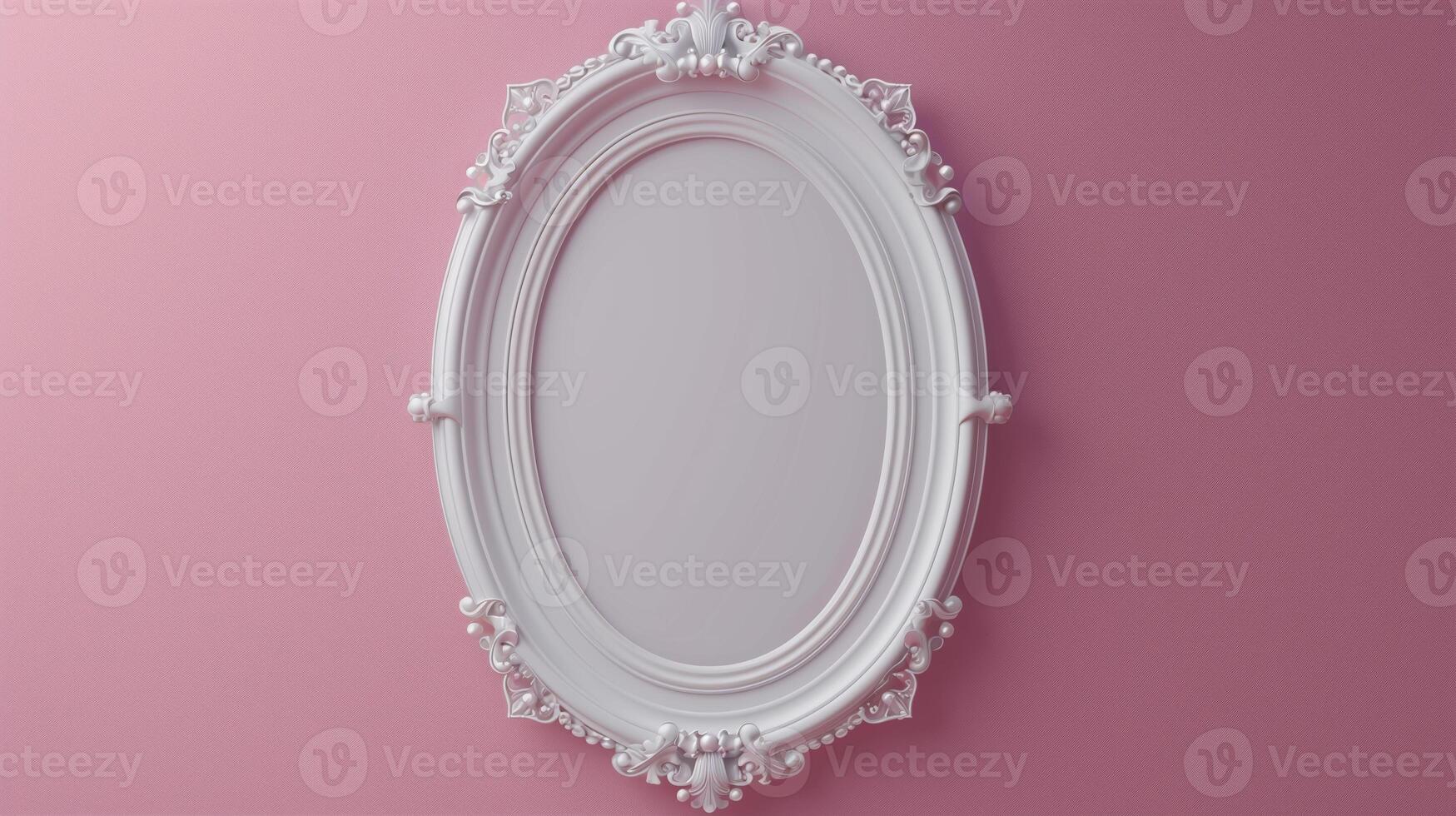 A photo frame, white empty mock up hanging on the pale pink wall in classic style.