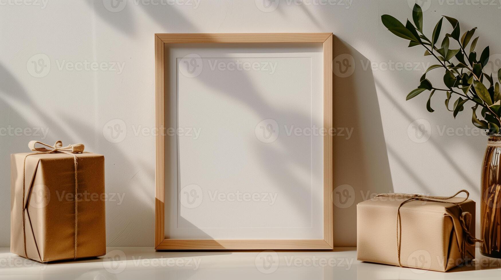 An empty frame mock up on a table next to the gift box. photo