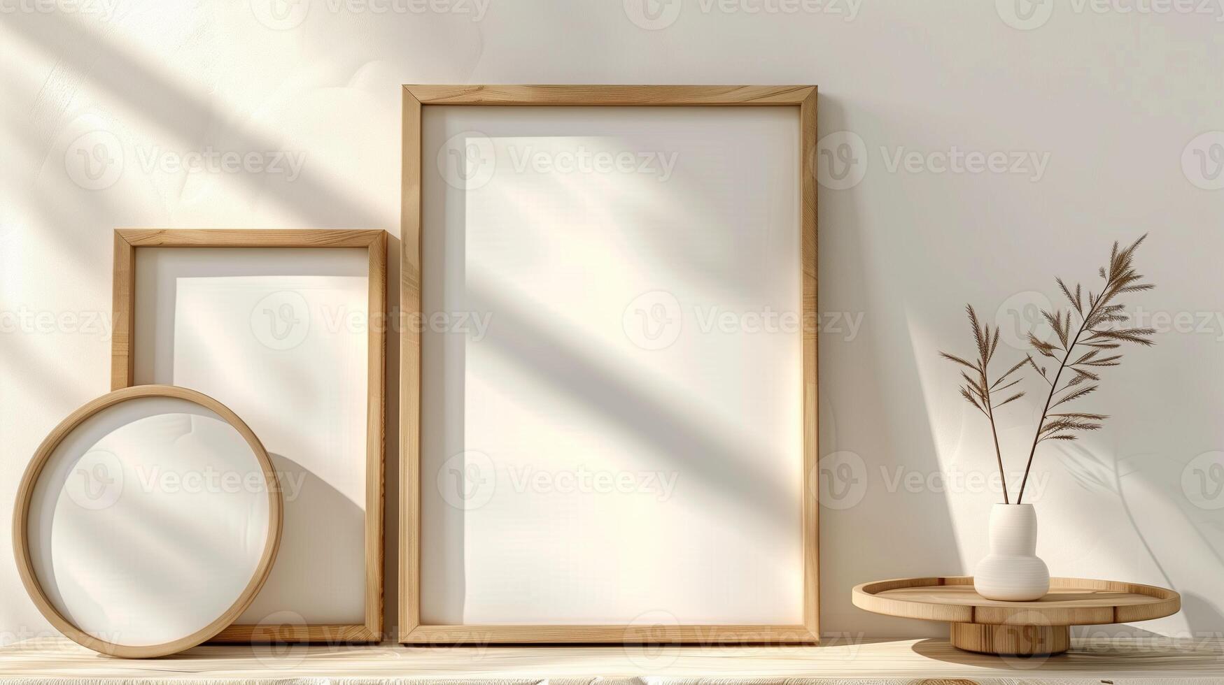 A set of wooden picture frames leaning against the wall, with white canvas inside. photo
