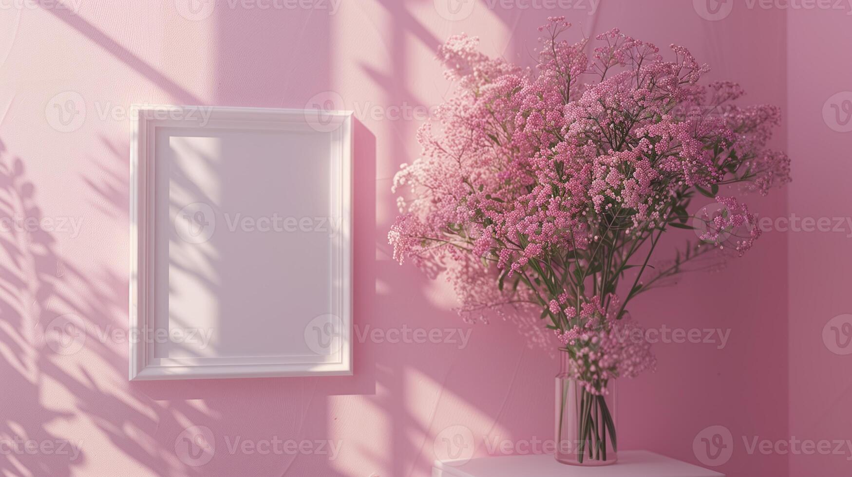 A photo frame, white empty mock up hanging on the pale pink wall in classic style.