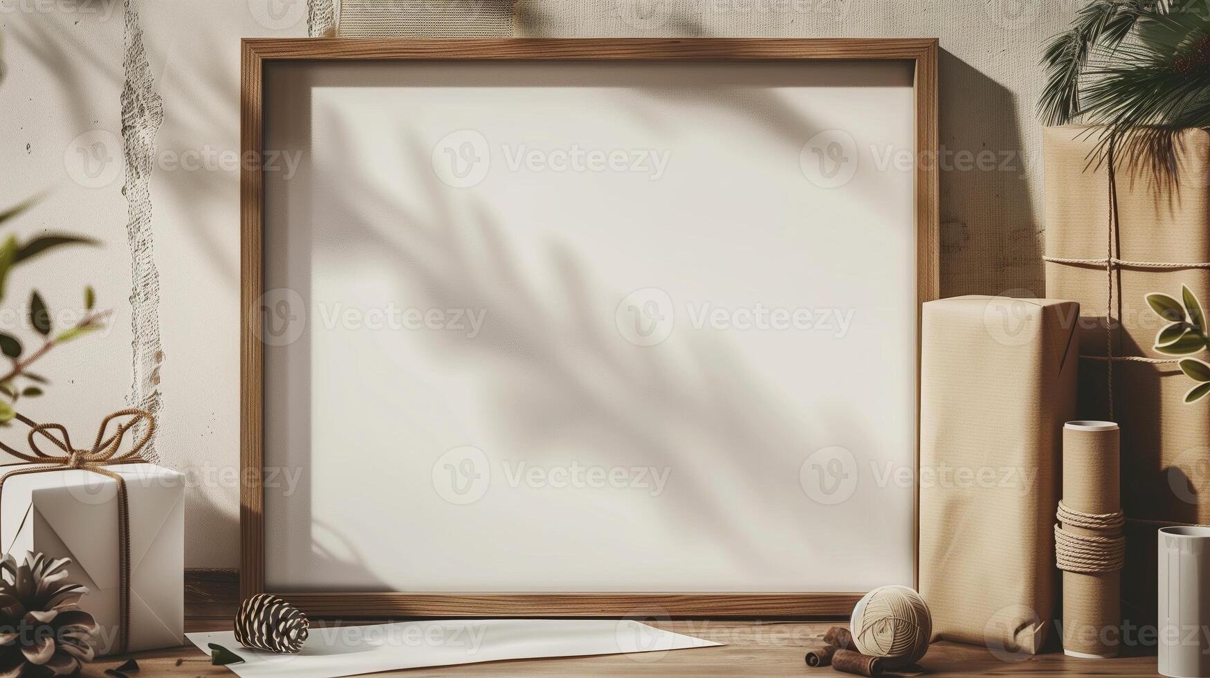 An empty frame mock up on a table next to the gift box. photo