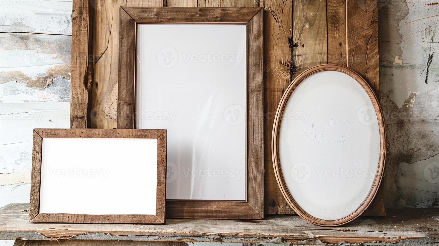 A set of wooden picture frames leaning against the wall, with white canvas inside. photo