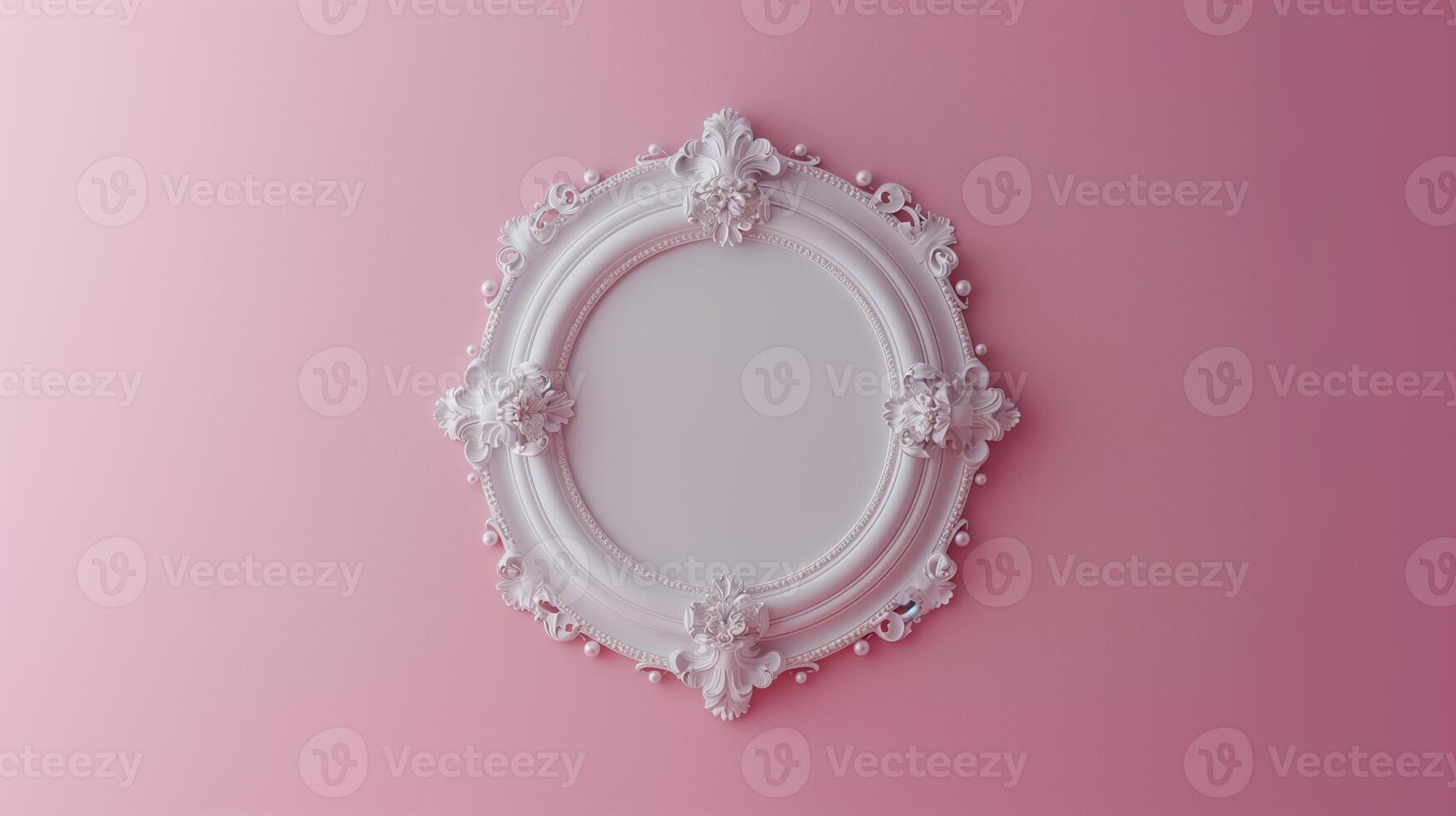 A photo frame, white empty mock up hanging on the pale pink wall in classic style.