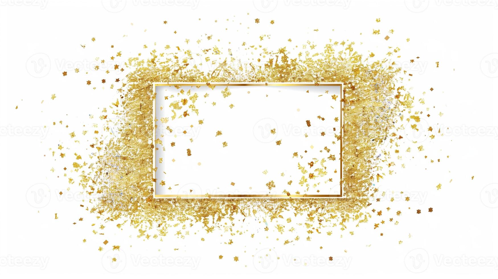 A white rectangular frame with gold glitter sprinkled on it with a simple background. photo