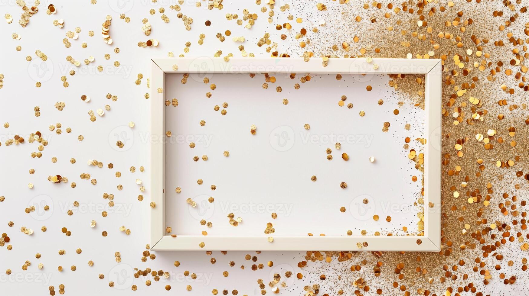 A white rectangular frame with gold glitter sprinkled on it with a simple background. photo