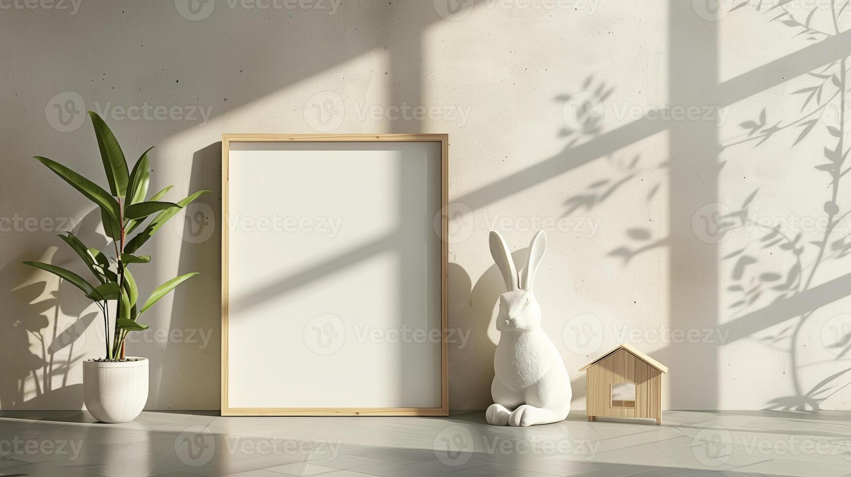 Mockup of wood border thin frame with rabbit sculpture next to it. photo