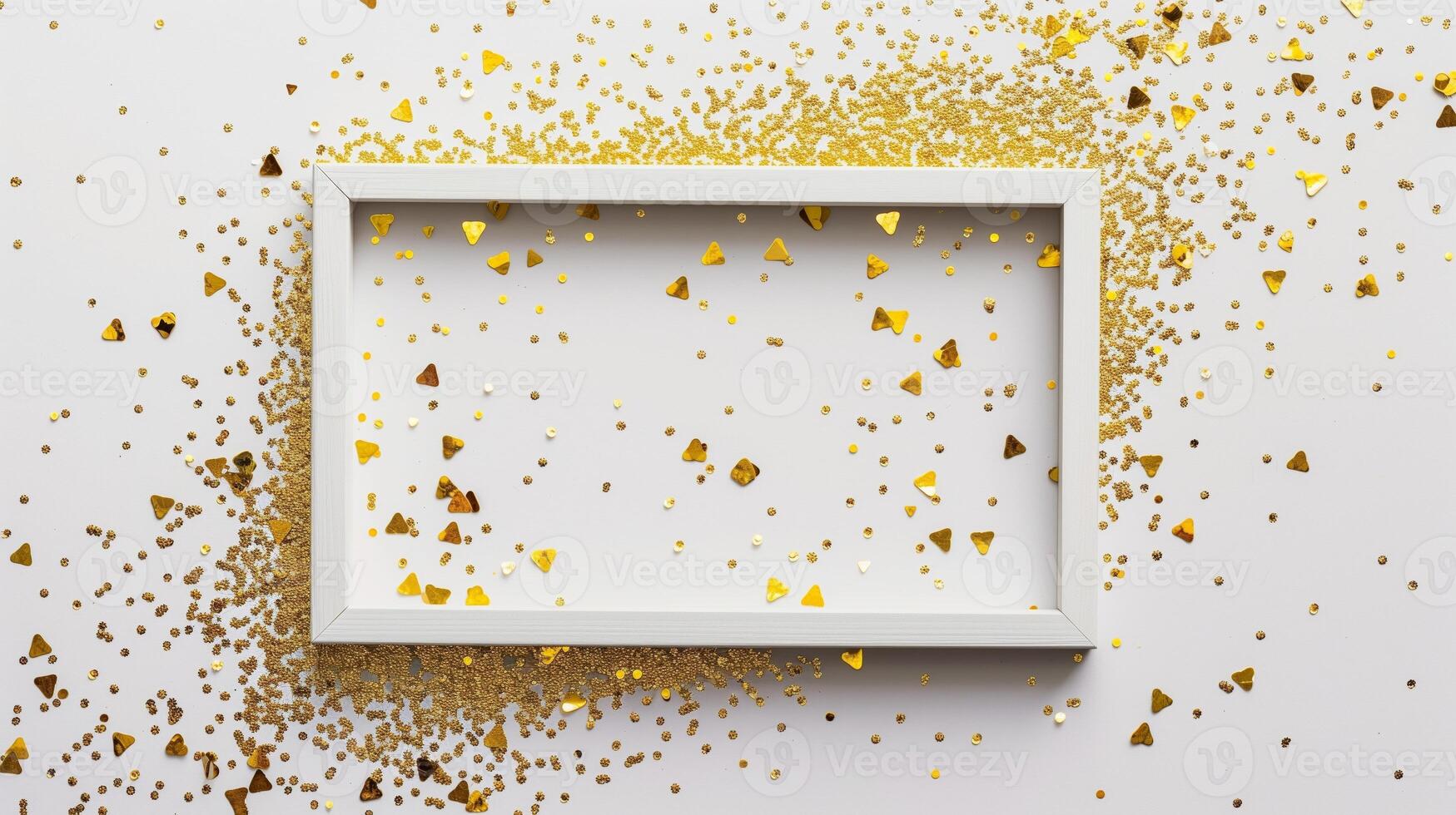 A white rectangular frame with gold glitter sprinkled on it with a simple background. photo