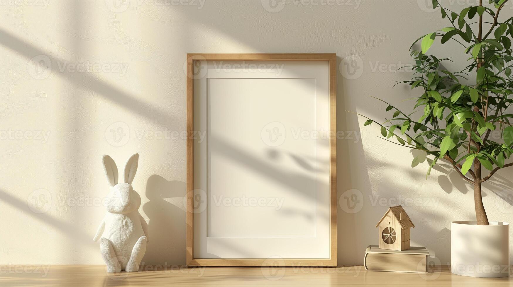 Mockup of wood border thin frame with rabbit sculpture next to it. photo