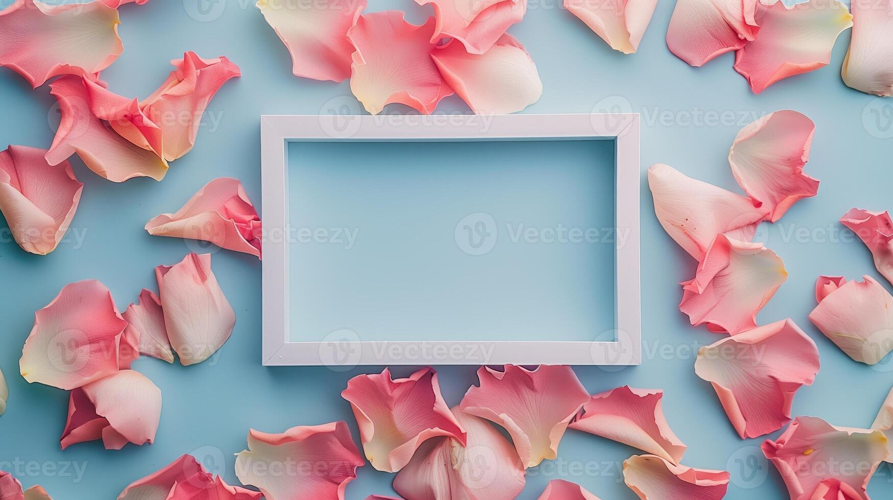 A vintage-inspired creative white frame with colorful pastel petals as background. photo