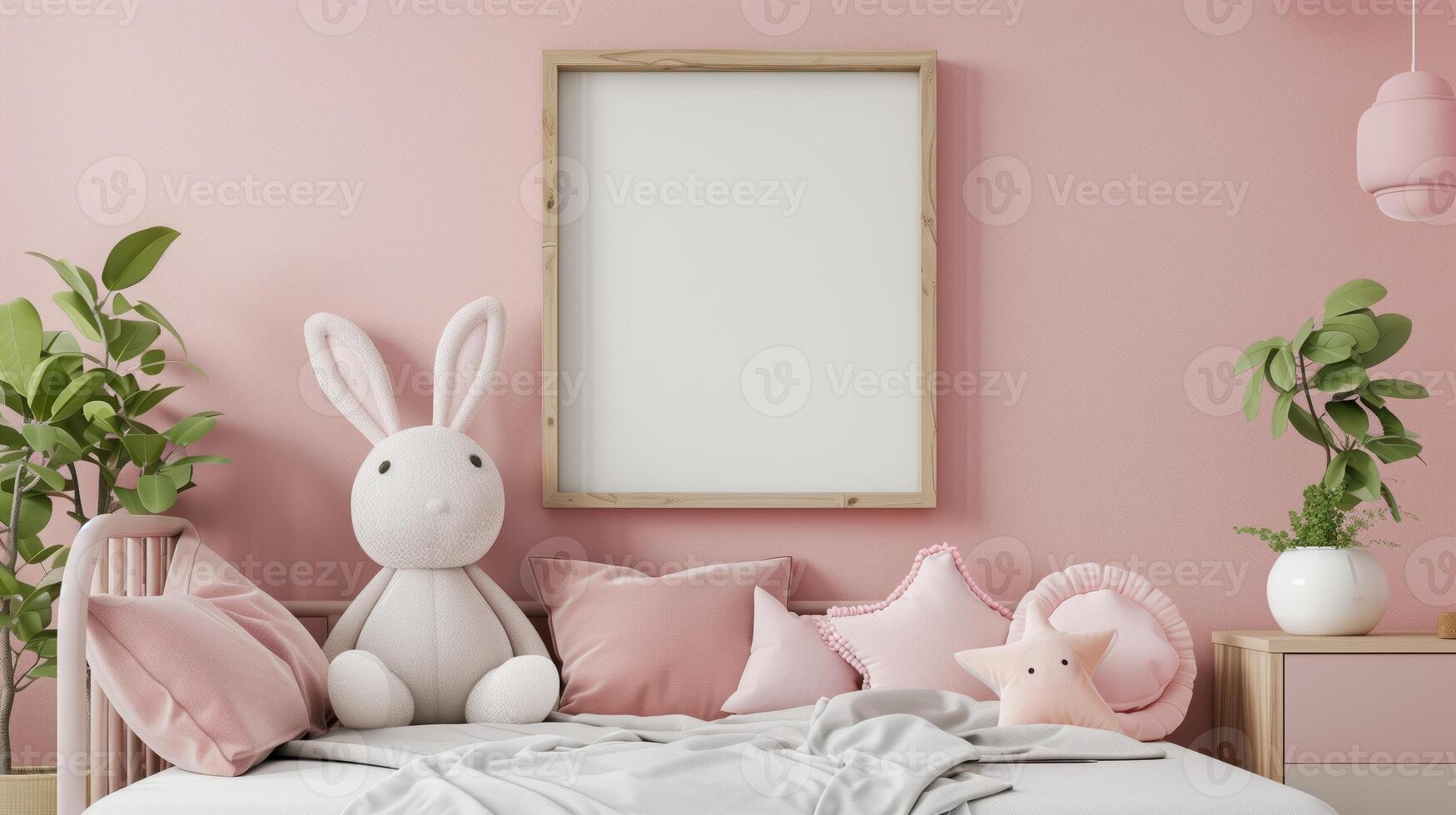 An empty square wooden frame above baby bed, kids room pastel colors. photo
