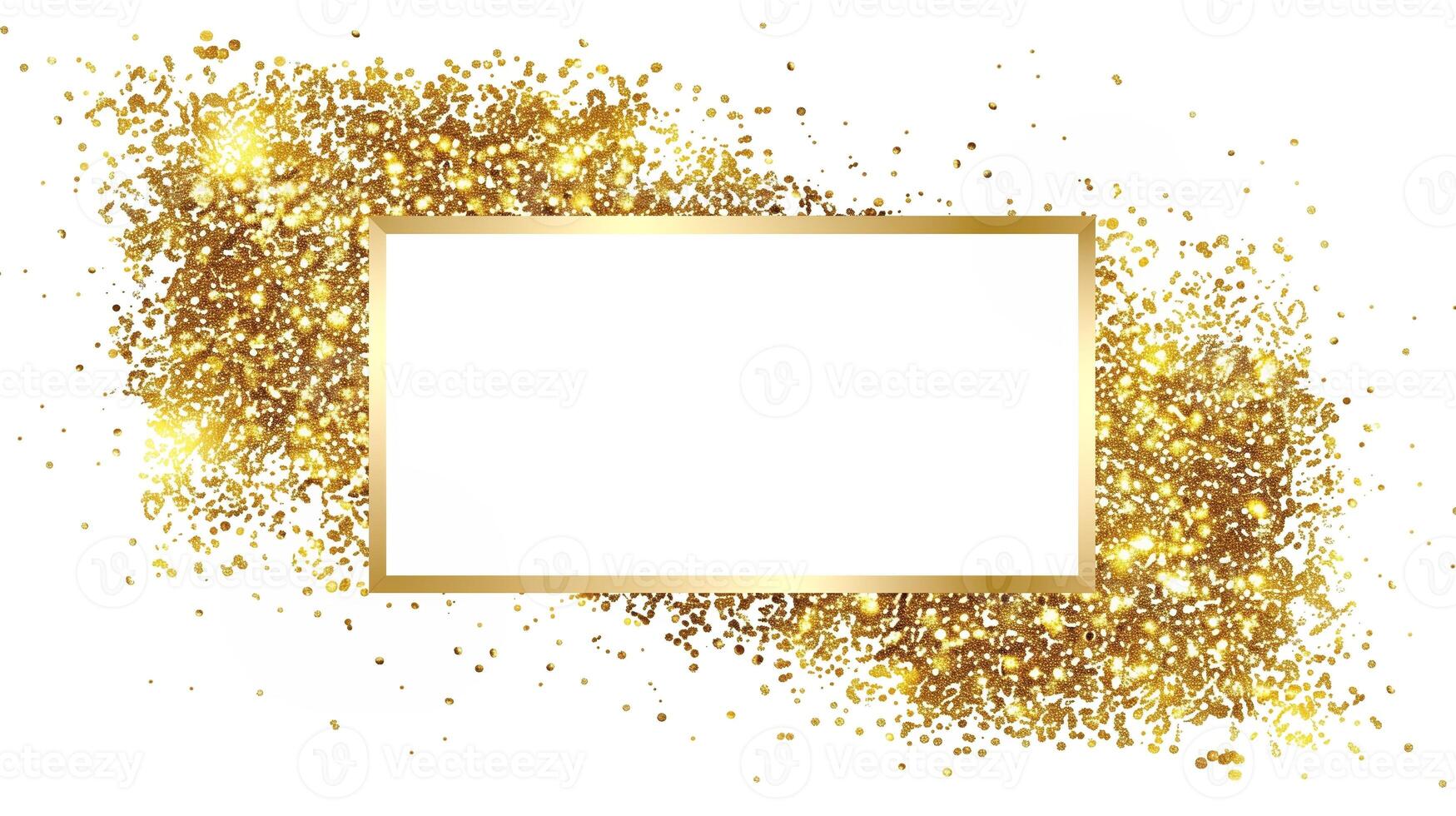 A white rectangular frame with gold glitter sprinkled on it with a simple background. photo
