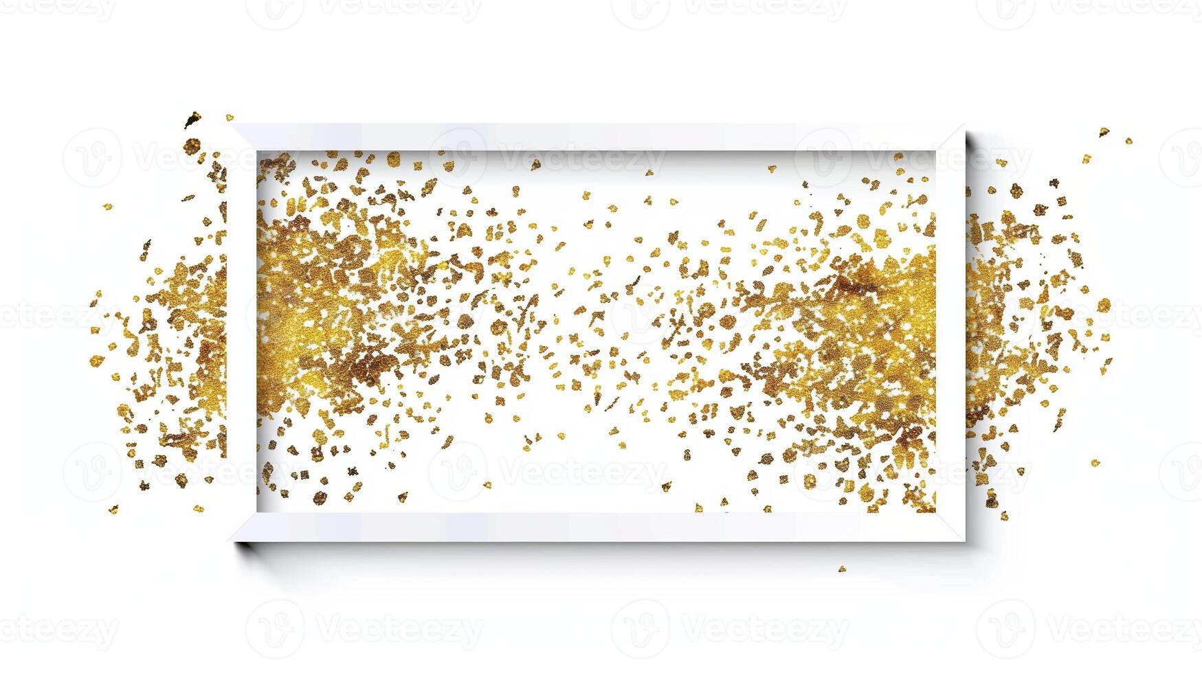 A white rectangular frame with gold glitter sprinkled on it with a simple background. photo