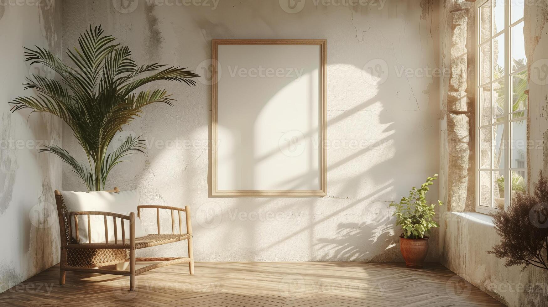 A white, wood-toned interior with a picture frame and plants. photo