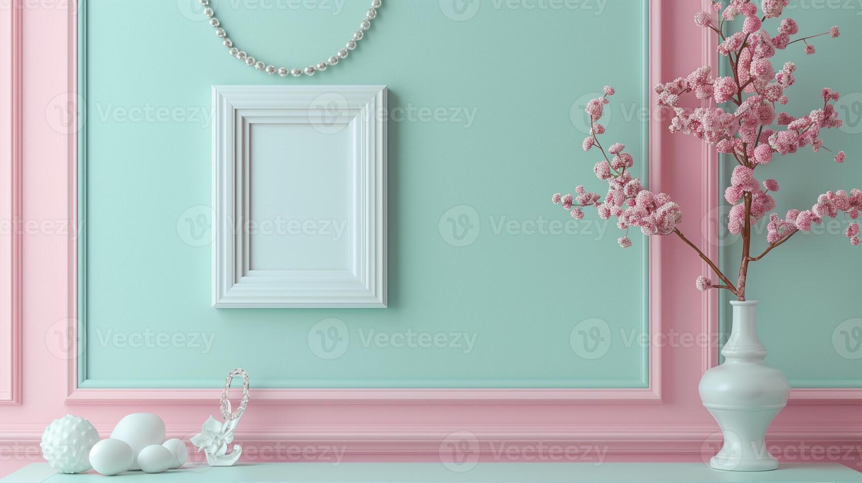 A photo frame, white empty mock up hanging on the pale pink wall in classic style.