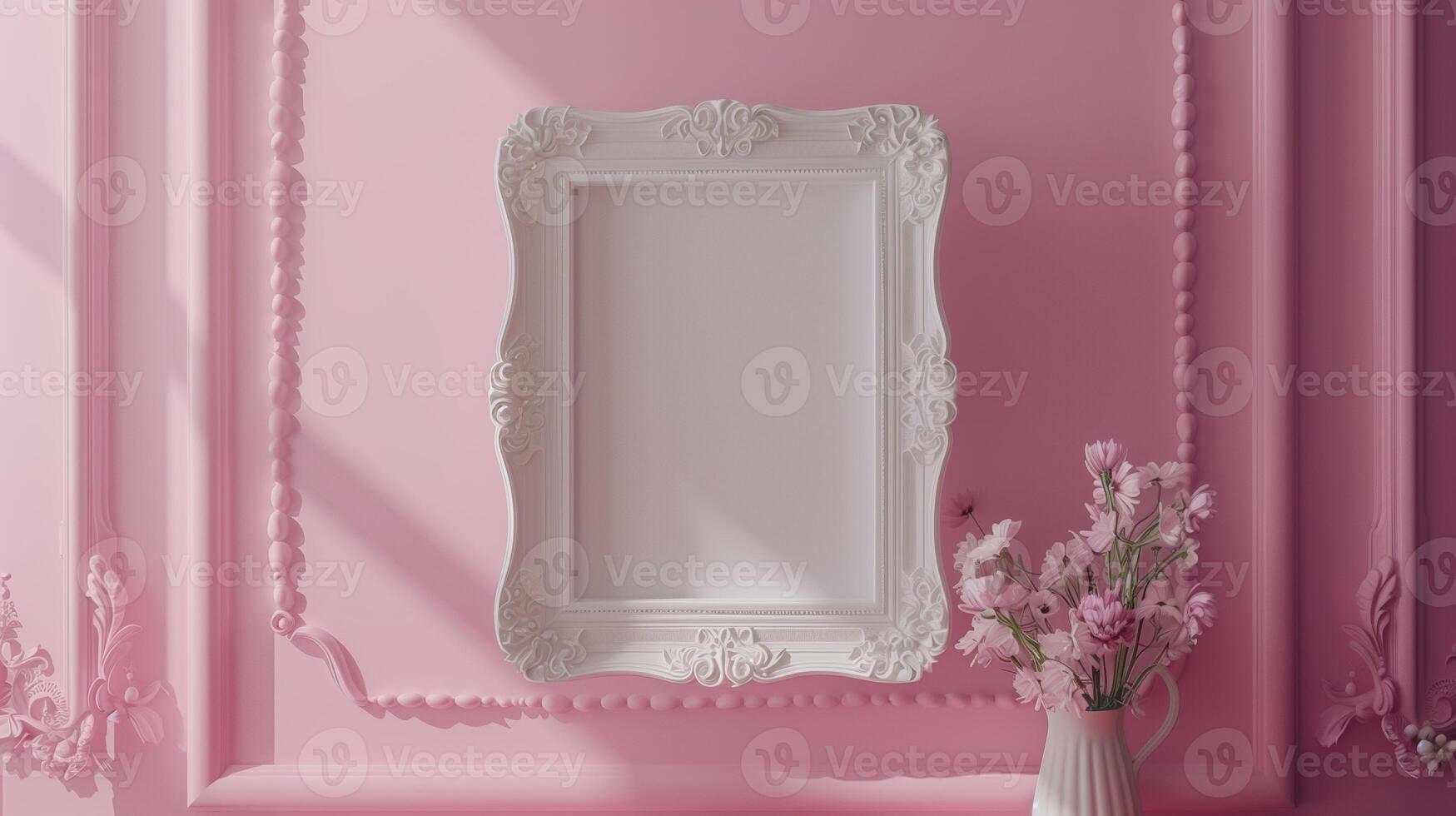 A photo frame, white empty mock up hanging on the pale pink wall in classic style.