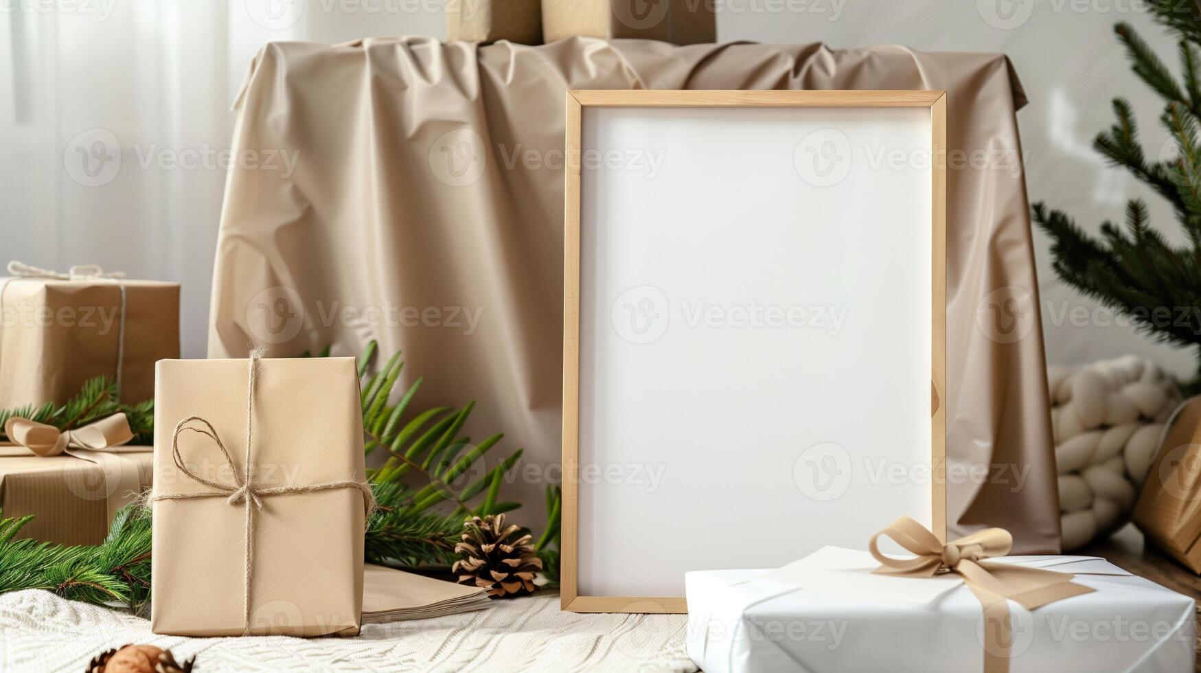 An empty frame mock up on a table next to the gift box. photo
