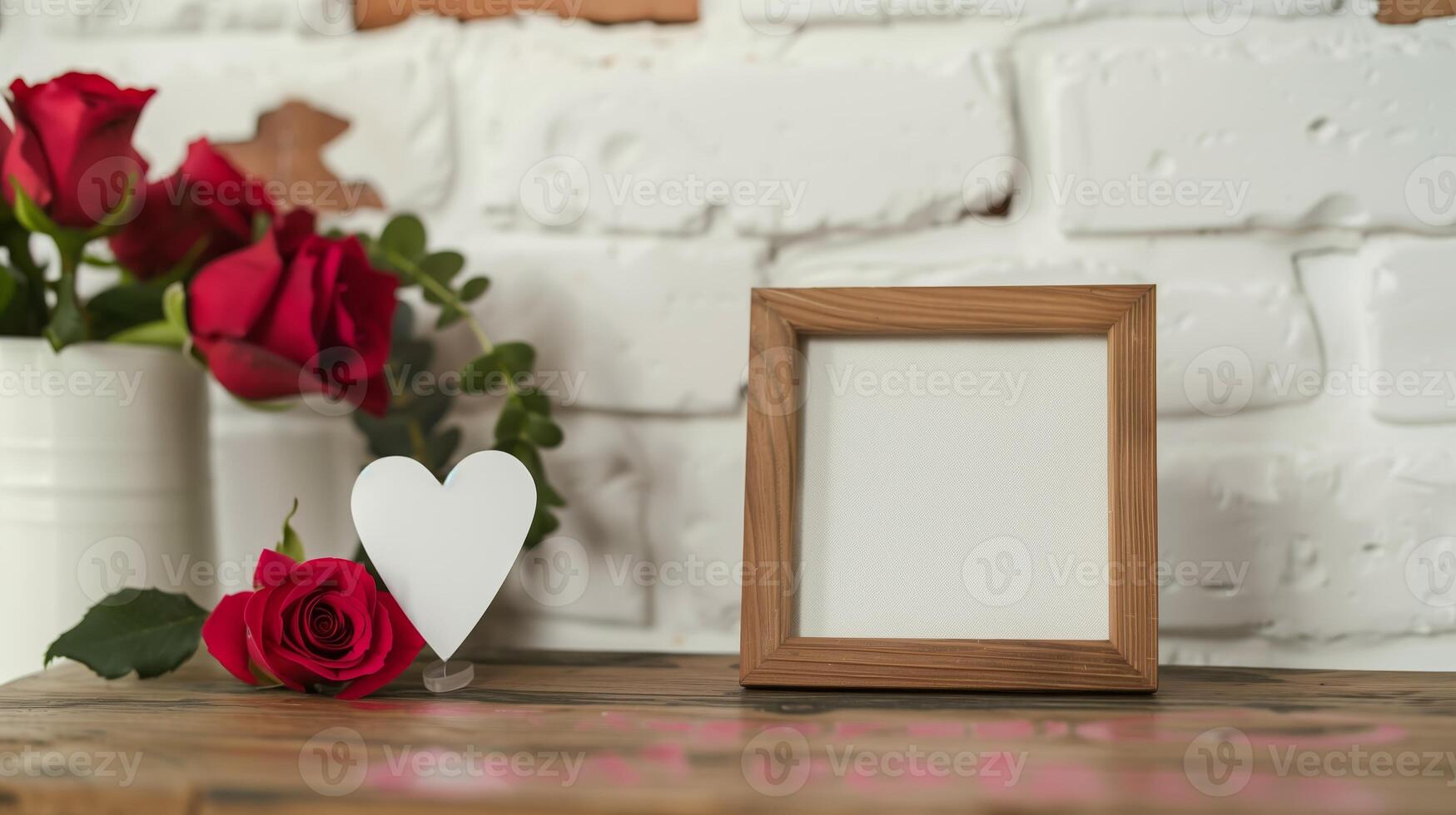 A wooden frame on the table decorated for St. Valentine's Day with many red rose are in the base. photo