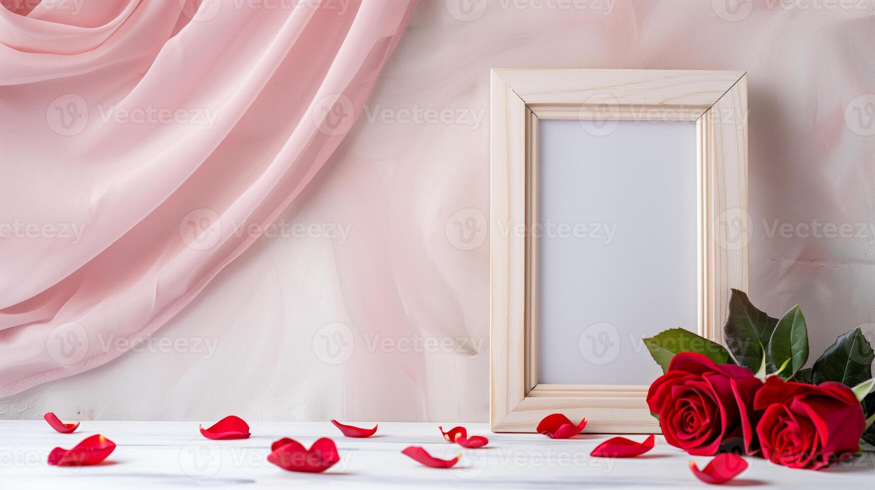 A wooden frame on the table decorated for St. Valentine's Day with many red rose are in the base. photo