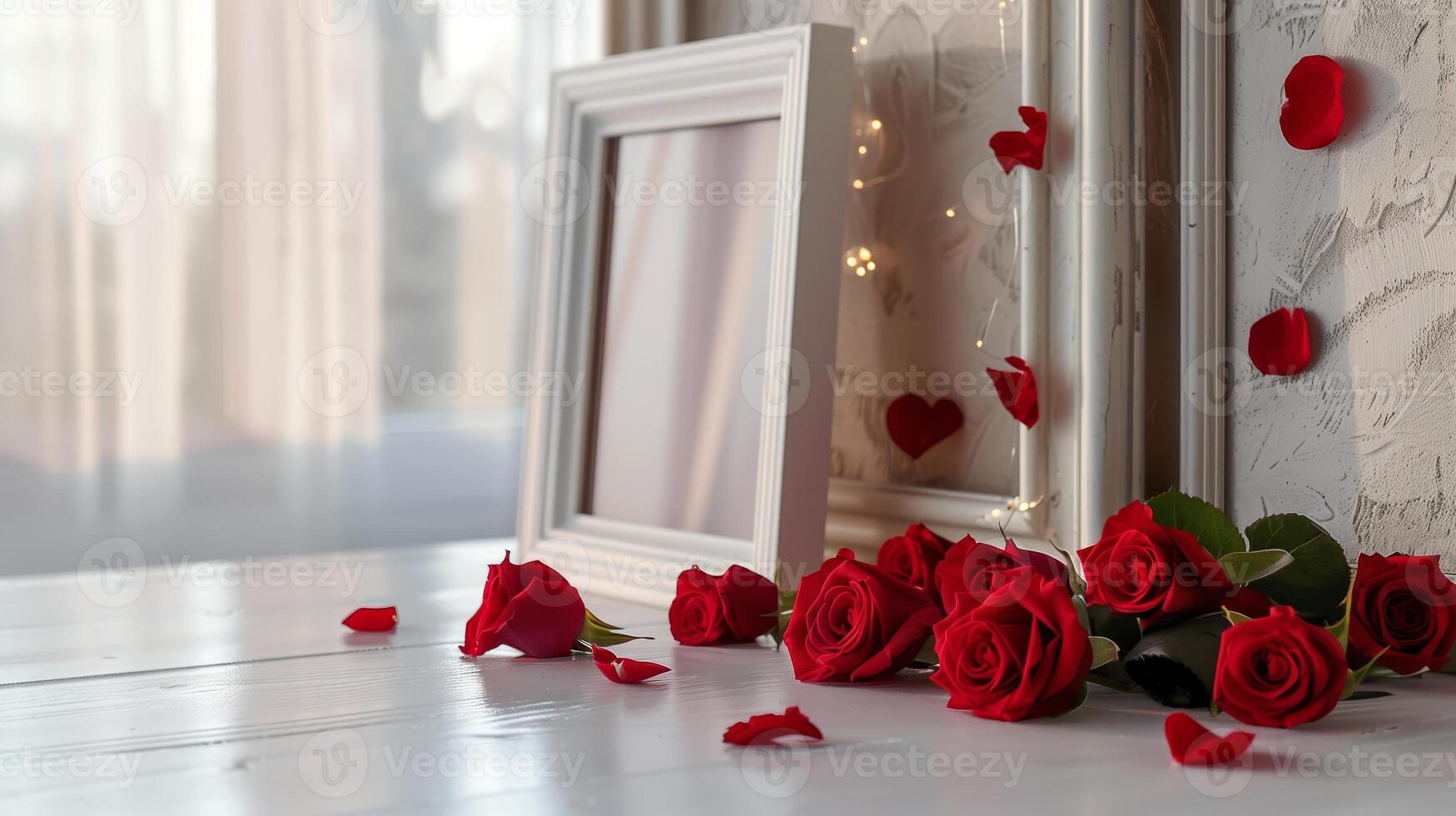 A wooden frame on the table decorated for St. Valentine's Day with many red rose are in the base. photo