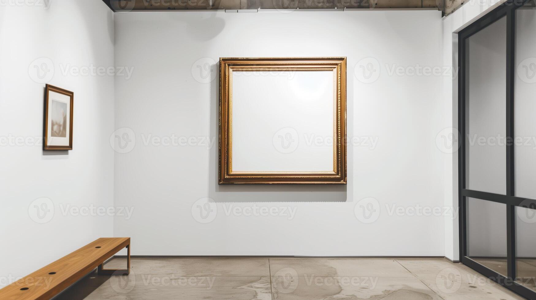A thin gold frame on a white wall. photo