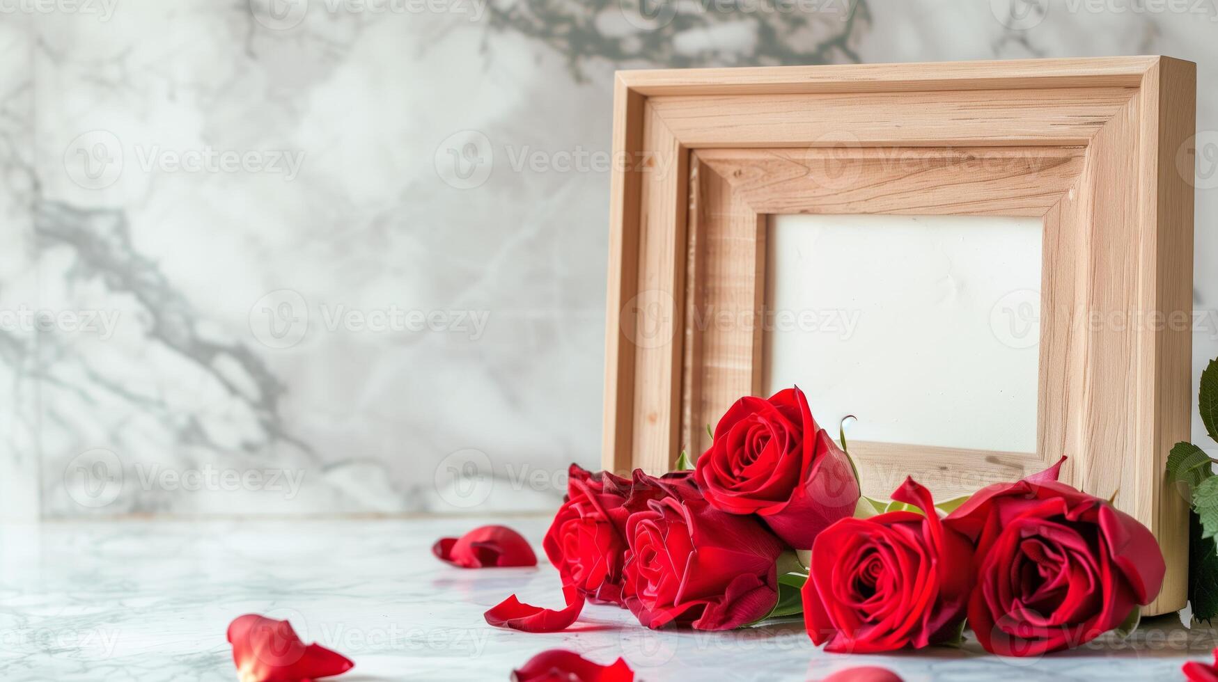 A wooden frame on the table decorated for St. Valentine's Day with many red rose are in the base. photo