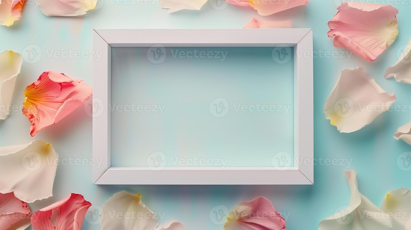 A vintage-inspired creative white frame with colorful pastel petals as background. photo