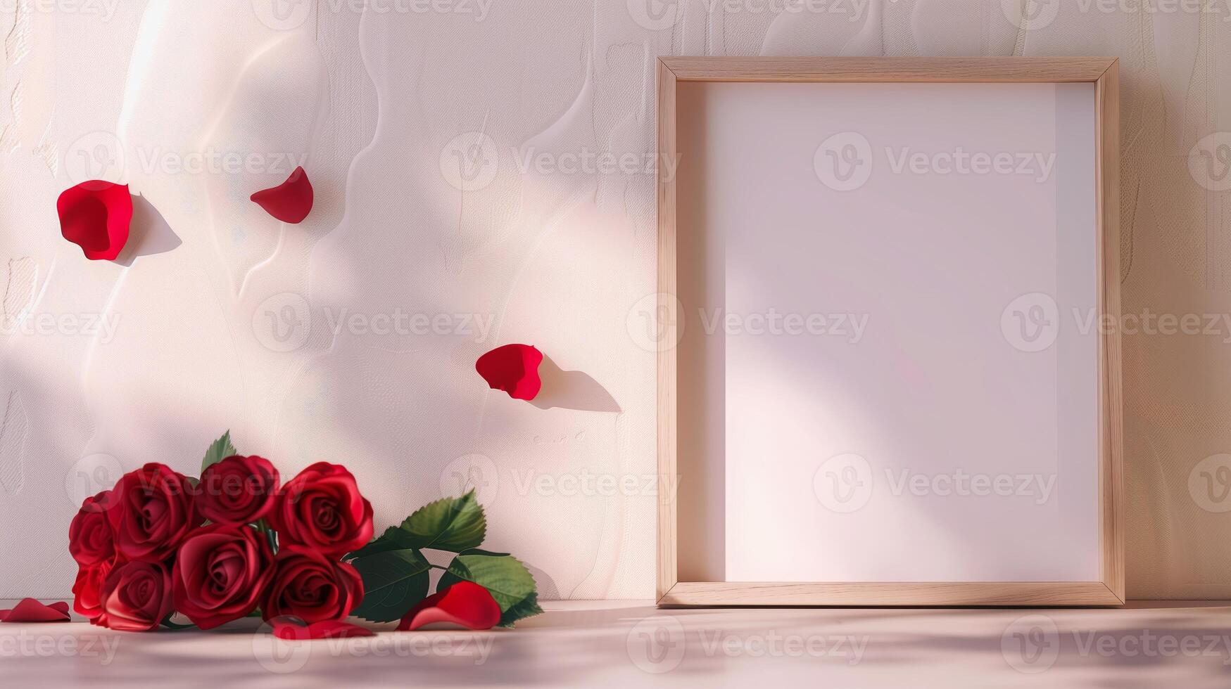 A wooden frame on the table decorated for St. Valentine's Day with many red rose are in the base. photo