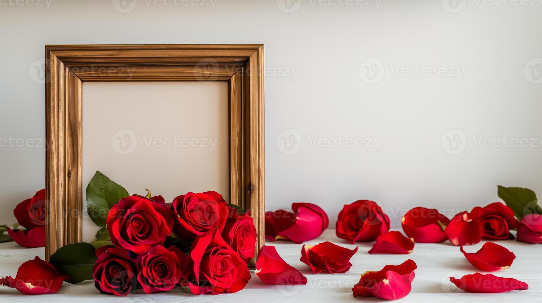A wooden frame on the table decorated for St. Valentine's Day with many red rose are in the base. photo