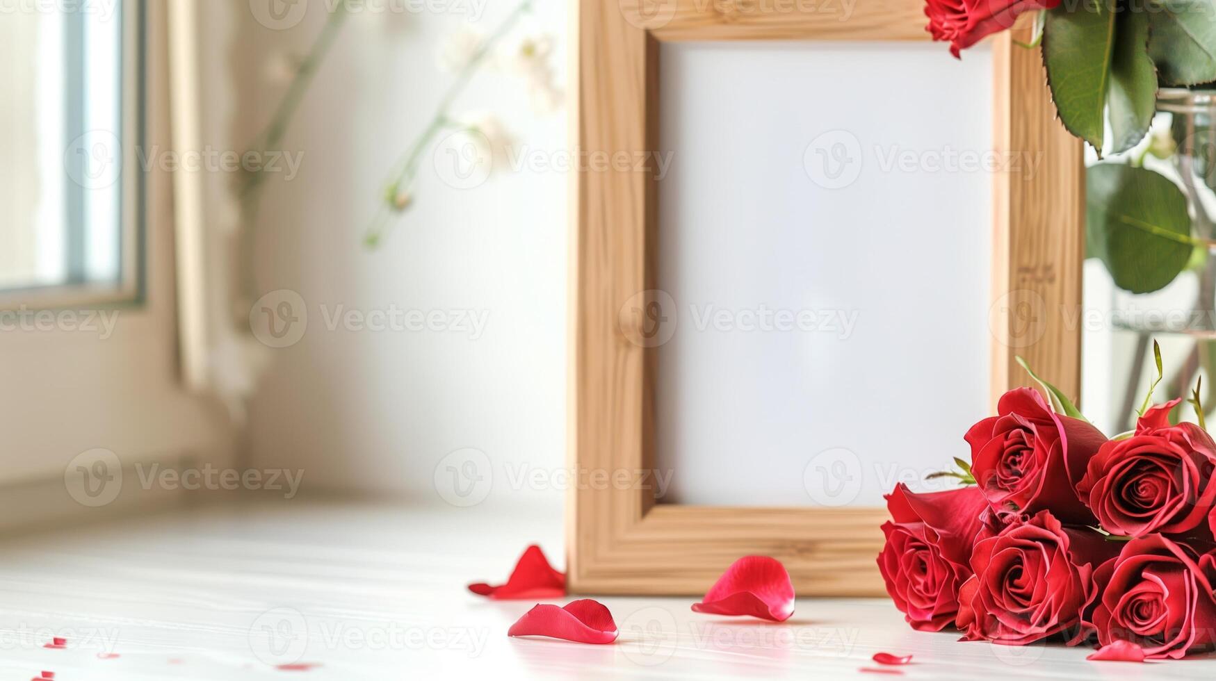 A wooden frame on the table decorated for St. Valentine's Day with many red rose are in the base. photo